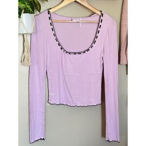Y2K 90s Out From Under Lilac Ribbed Long Sleeve Lettuce Hem Scoop Neck Top L